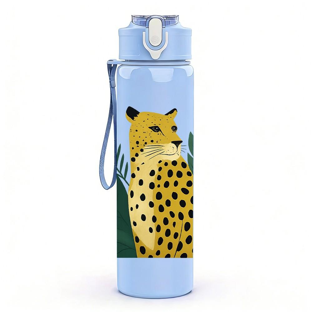 1PC Jungle Leopard Plant Leaf Portrait 750ml Color Plastic Sports Water Bottle Leakproof Flip Straw Lid Suitable for Sports Office Home Use