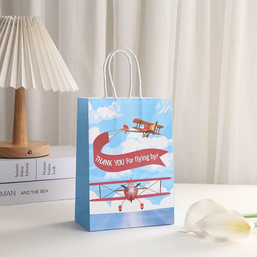 12/30pcs Airplane Party Favor Gift Bags Kraft Paper Tote Bags for Kids Birthday Gift Packaging Shopping Bags