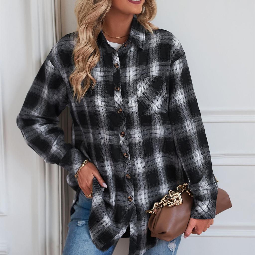 HNXC Blusas y camisas con cuello tipo POLO de manga larga con estampado a cuadros de verano informal a la moda para mujer Cárdigan