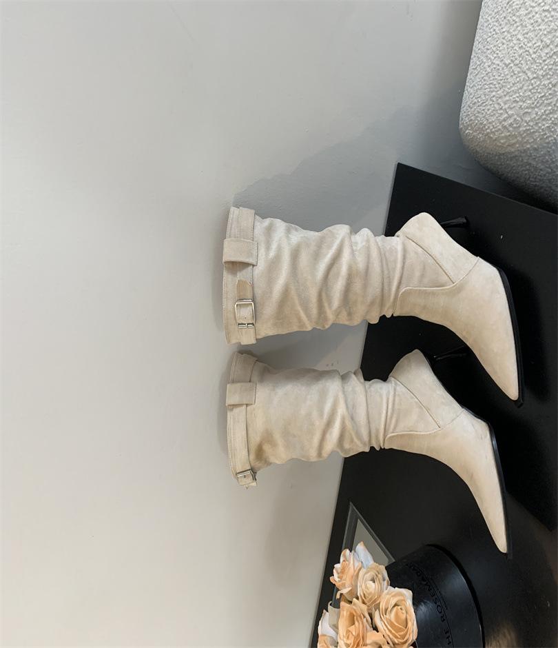 

Остроносые тонкие ботильоны на высоком каблуке женские ботильоны с напуском ремень с пряжкой складки ботильоны на высоком каблуке облегающие ботильоны 39