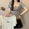 Women's Summer Korean Style Slim Bow Lace Patchwork Short Sleeve T-Shirt