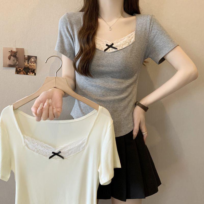 Women's Summer Korean Style Slim Bow Lace Patchwork Short Sleeve T-Shirt
