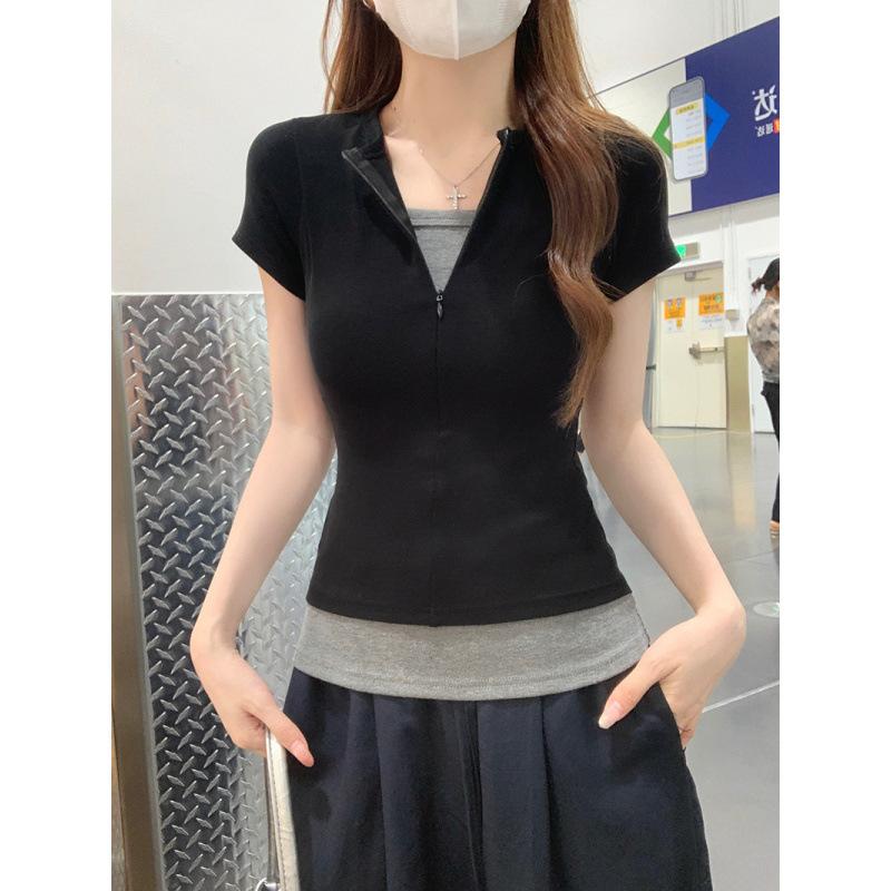 Black faux two-piece short-sleeve T-shirt for women s summer new design, niche slim-fit, waist-cinching half-zip top S чёрный