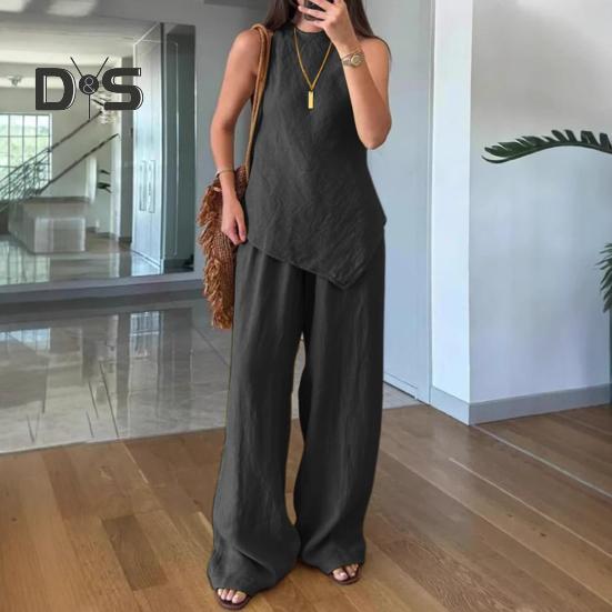 2-teiliges Outfit für Damen mit unregelmäßigem Saum, ärmelloses Oberteil mit Rundhalsausschnitt, Hose mit weitem Bein, Lounge-Set, lässiger Sommer-Trainingsanzug