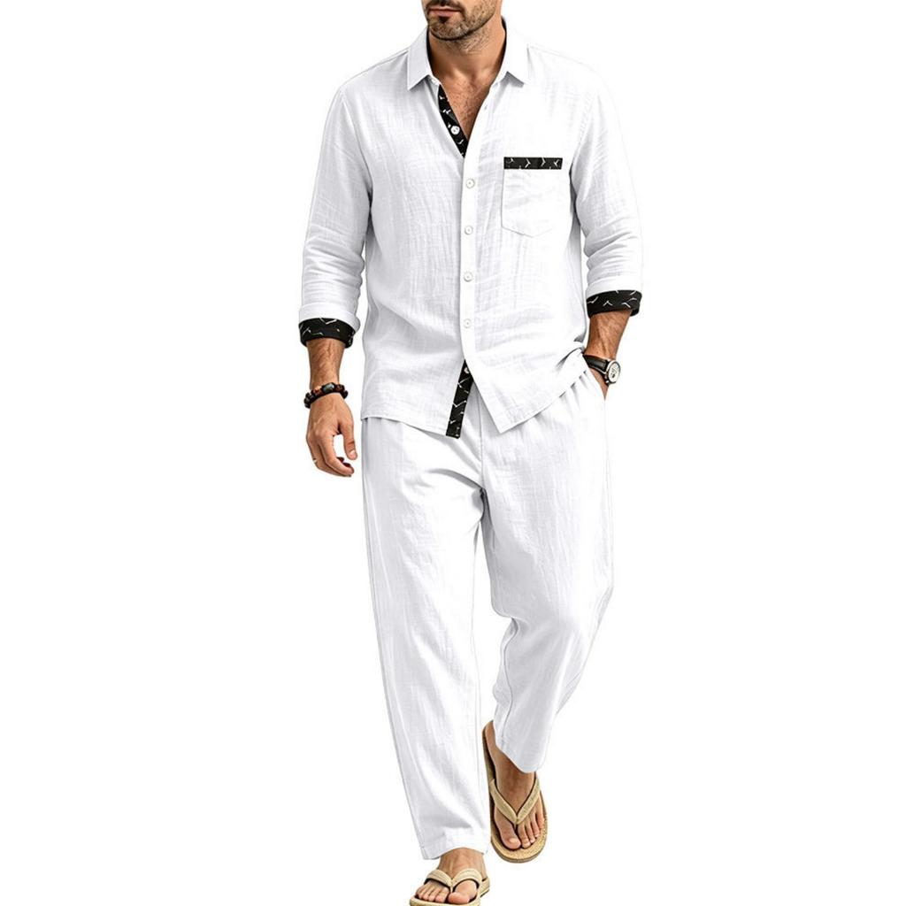 Men's Linen 2-Piece Outfit Lightweight Breathable Color Block Shirt and Straight Leg Pants Loose Fit Casual Set