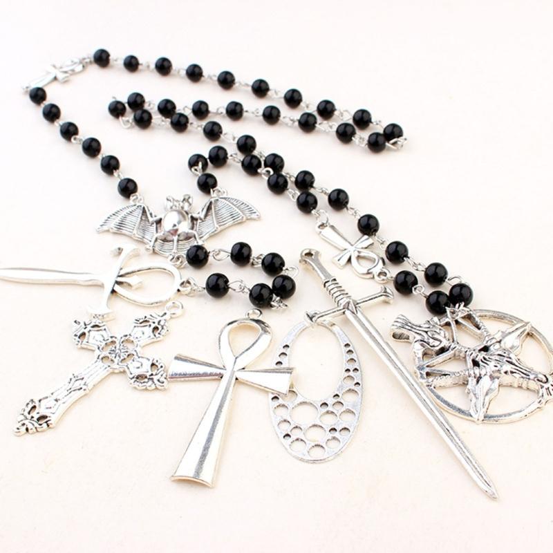 Ankh Kreuz Fledermaus Anhänger Halskette Goth Lange Rosenkranz Perlen Halskette Halloween Schmuck Y2k Punk Pullover Kette Halskette