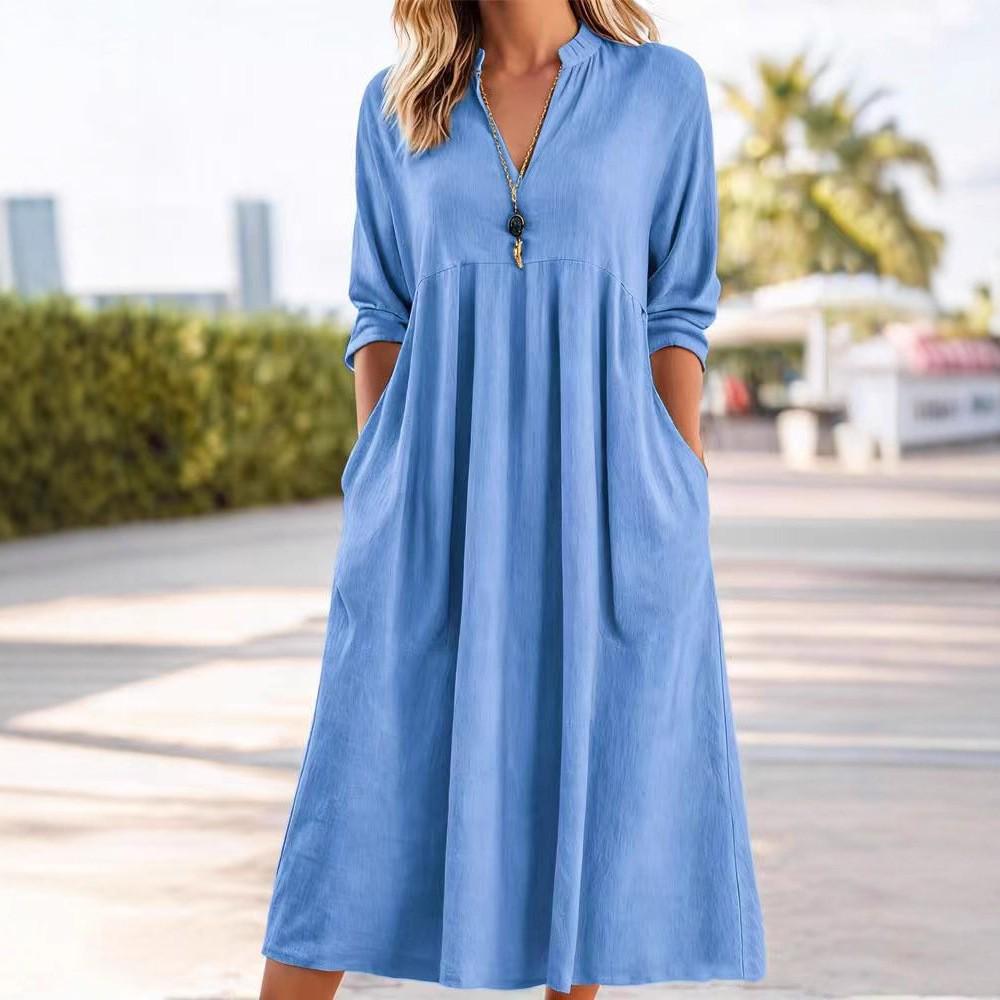

Spring-Autumn Women s Casual Loose V-Neck Cotton Linen Dress with Pockets 2XL синій