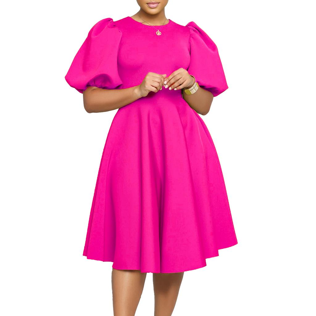 Round neck temperament bubble sleeves waist pendulum dress dress A-word dress