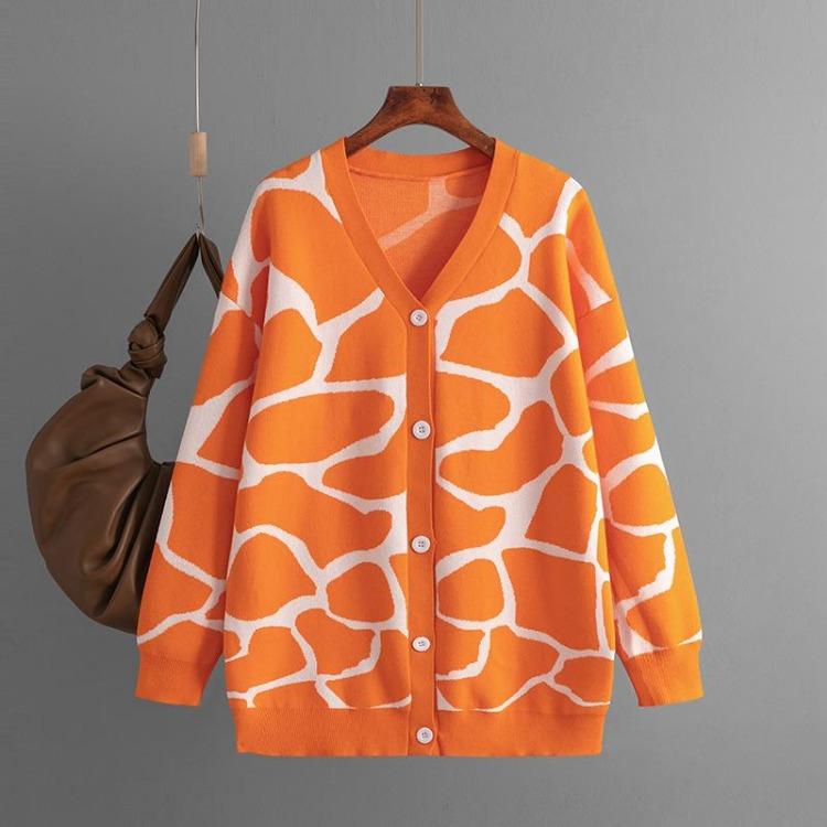 Autumn Winter Women Jacquard Sweater Loose Knit Coat V Neck Long Patterned