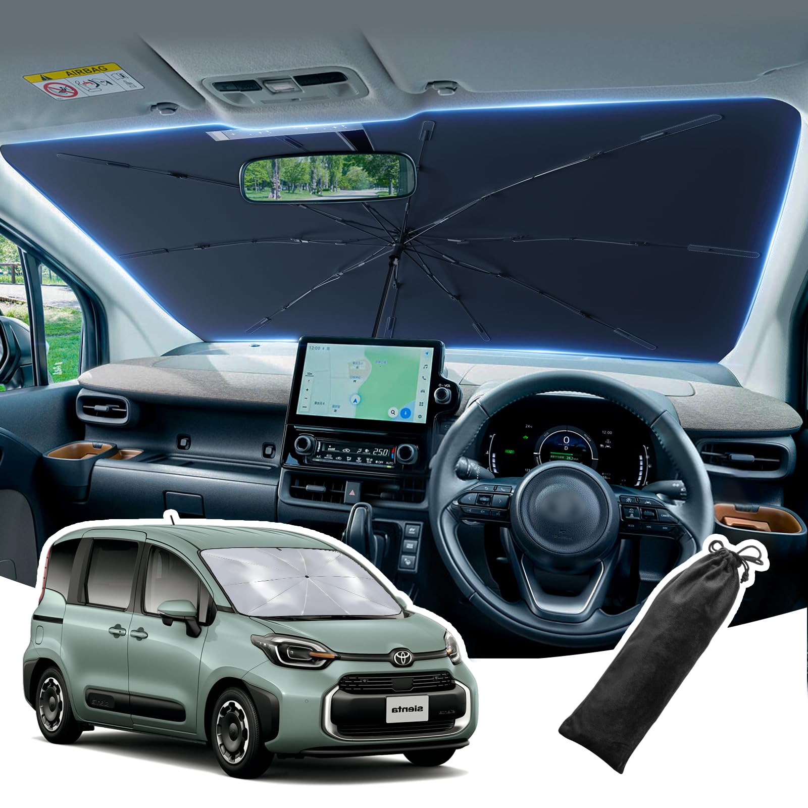 

LANGBEAN Солнцезащитный козырек для Toyota Sienta 10 2025 Улучшенный автомобильный козырек на лобовое стекло Sienta 10 с вырезом под зеркало заднего вида, усиленный десятью слоями теплоотражающего стекловолокна, сгибаемый