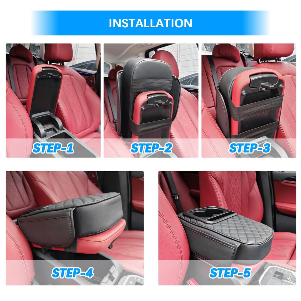 Car Center Console Armrest PU Leather Car Armrest Cushion with Cup Phone and Two Side Storage Universal Car Armrest Protector for Most Vehicles