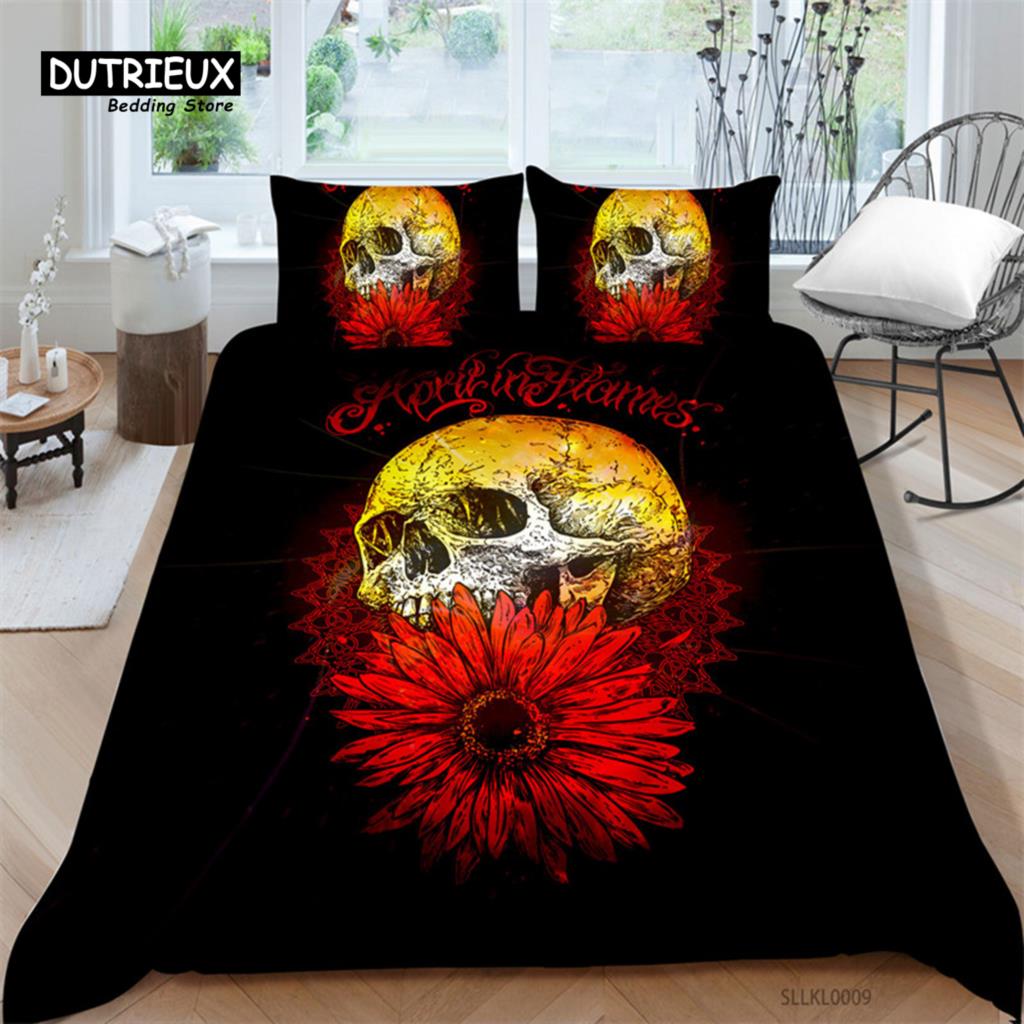 Sugar Skull Duvet Cover Gothic Skull Skeleton Bedding Set Horror Theme Comforter Cover Full King For Teens Adults Bedroom Decor
