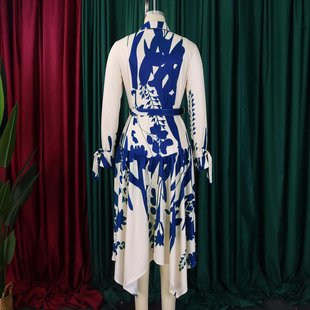 Women's Summer Fashion Print Dress with Turn-Down Collar and Long Sleeves
