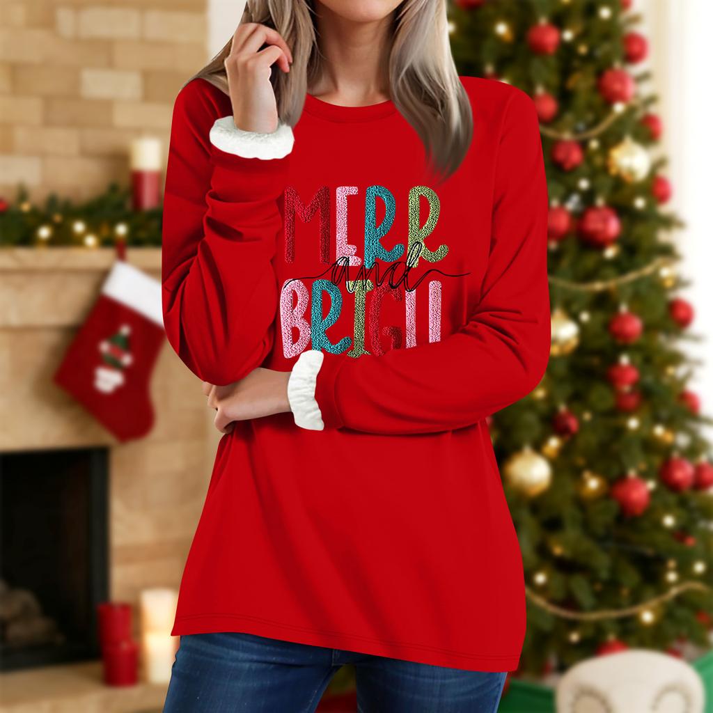 Women's Round Neck Top Printing Thickened Plush Cashmere Warm Long Top