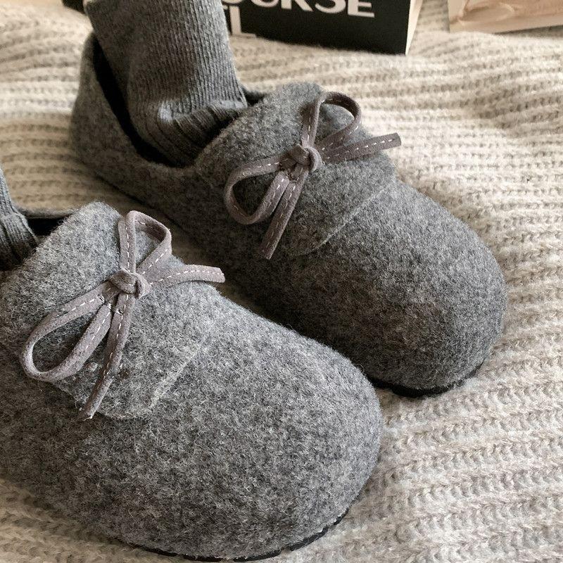 Versatile Velvet Warm Round Head Fluffy Shoes 2025 Autumn and Winter New Japanese with Skirt Bow Soft Flat Cotton Shoes
