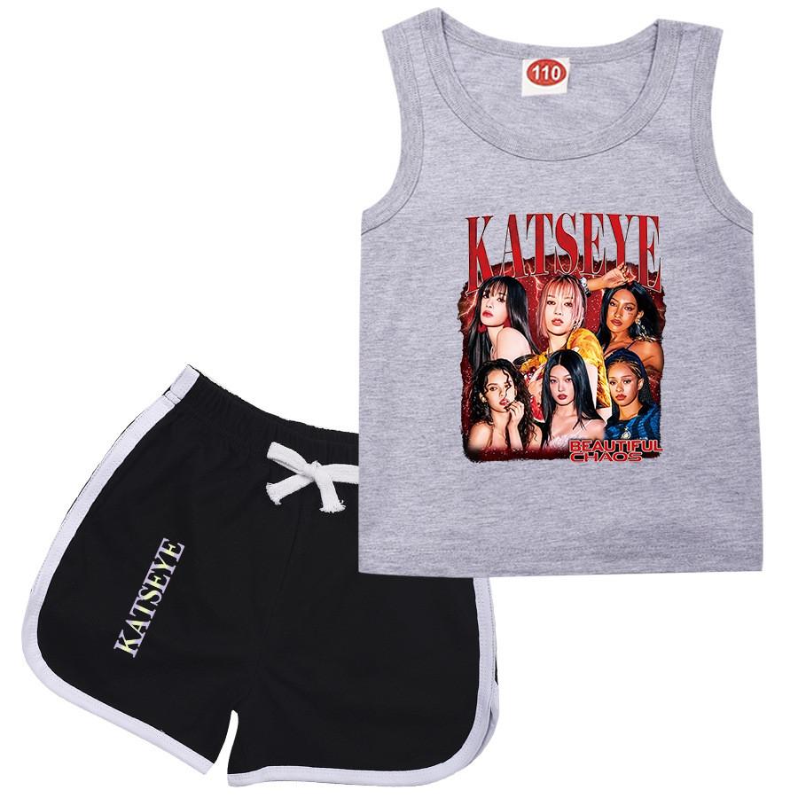 9198 Children Fashion Girls Singer Katseye Printed Sleeveless T-Shirt Tank Top Shorts Clothes Set
