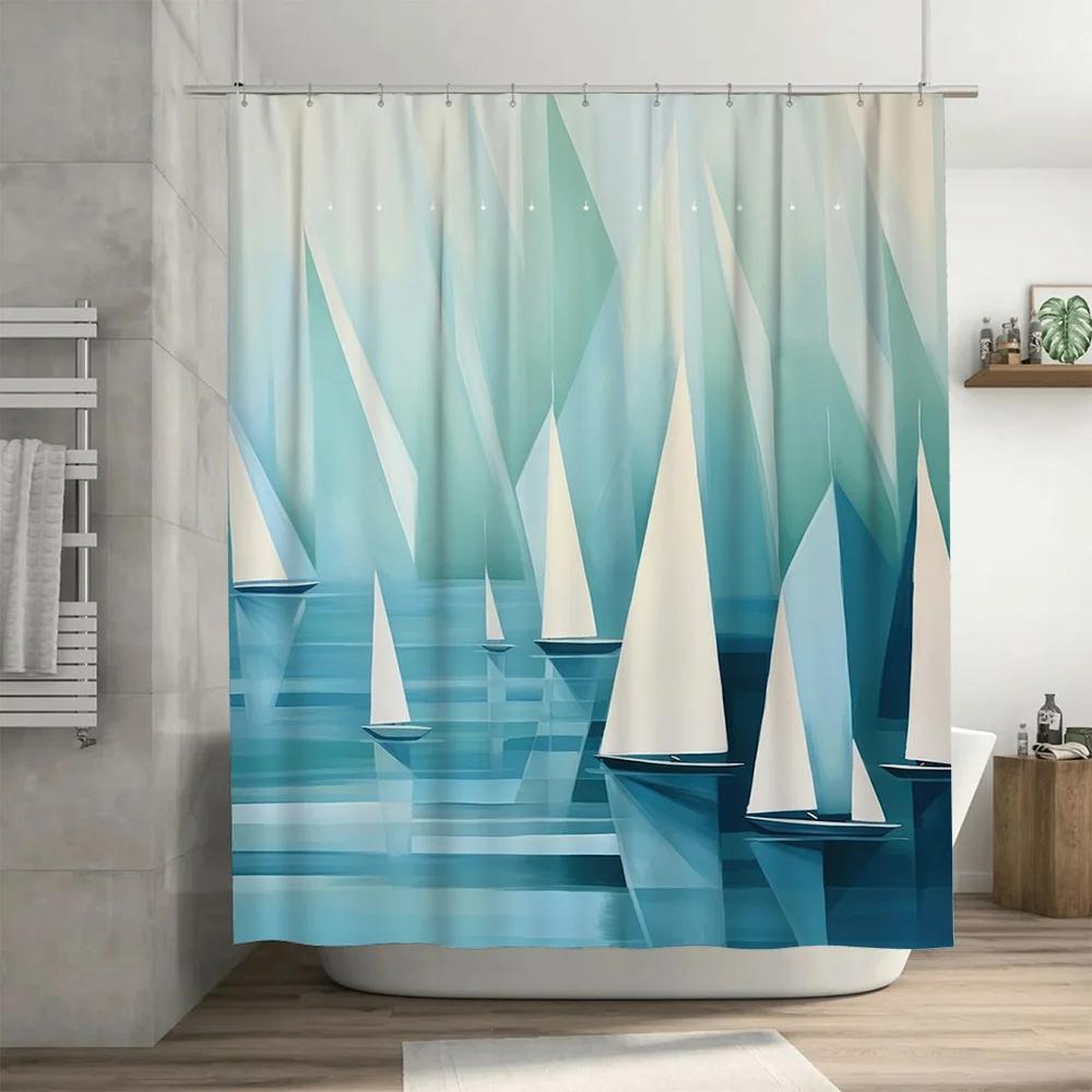 Blue Sailboat Shower CurtainModern Geometric Design for Bathroom Decor Waterproof Fabric Home Decoration  with Rod