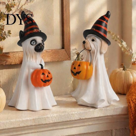 Accenti Decorativi per Halloween, Statuetta Cane Fantasma, Statua in Resina Zucca con Cappello da Mago, Carino Decorazione da Tavolo, Bomboniere per Ingresso, Bar, Finestra, Festa, Adorabile
