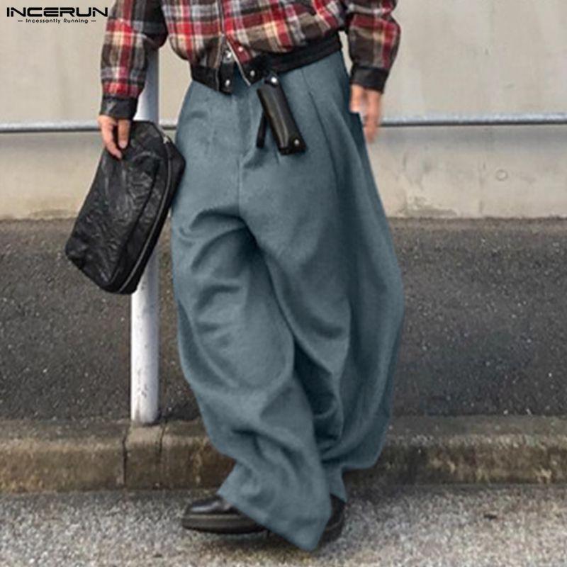 INCERUN Men Casual High Waist Zip-up Casual Baggy Long Pants Trousers
