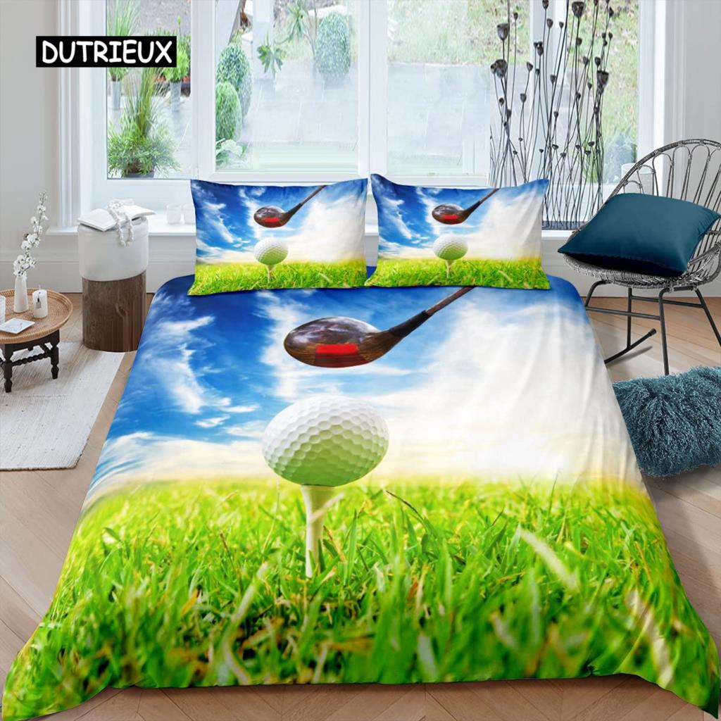 Golf Duvet Cover Set Golf Club Athlete Twin Bedding Set Microfiber Grass Leaf Branches Sports Game Theme Double King Quilt Cover
