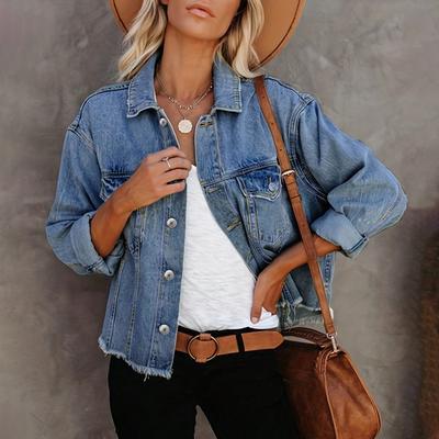 Dames Lange Mouw Denim Jas Basic Kraag Knopen Cropped Casual Jean Jassen