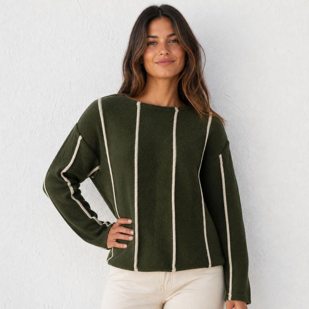 European and American contrasting colors vertical striped crew neck sweater women's 1011 new loose lazy wind pullover knitted sweater versatile top