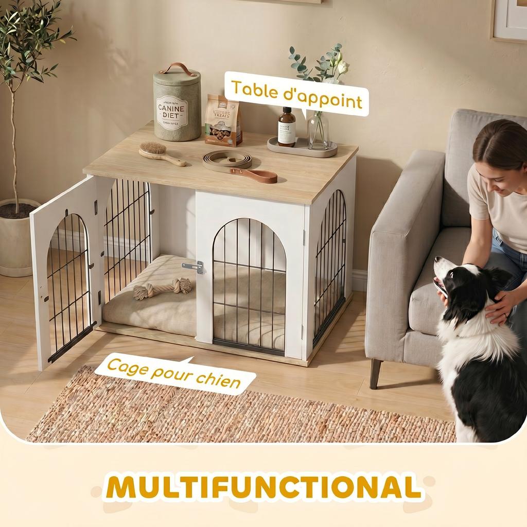 Dog Crate Furniture, Indoor Arch, Double Door, Side Table, Metal, 80 x 56 x 59 cm, White
