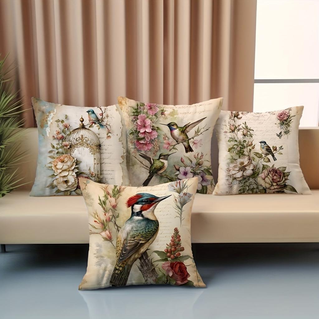 Vintage Bird And Flower Romantic Floral Pillowcasebedroom Living Room Sofa Home Decor Polyester Cushion Cover With Zipper