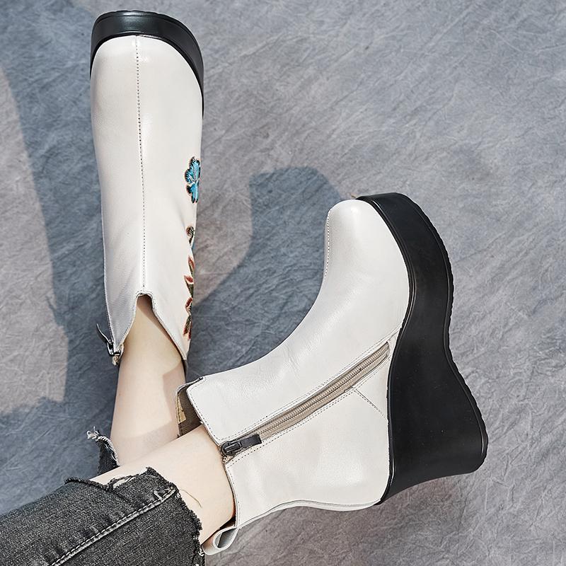 Fashion GKTINOO Handmade Boots For Women Genuine Leather Ankle Shoes Embroidery Vintage Platform Women Shoes Round Toes Wedges Boots