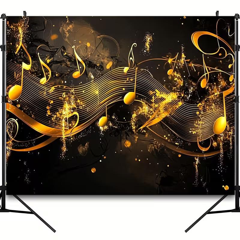 2D Luxury Music Art Backdrop, Black and Gold Notes with Sparkles for Wall Decor