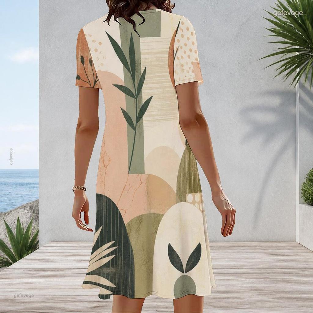 Women Plus Size Blue White Printed Round Neck Short Sleeve A Line Midi Dress