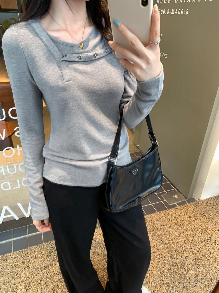 Women's Long-Sleeve Off-Shoulder Button-Up Base Layer Top - Stylish Autumn/Winter 2026 Arrival