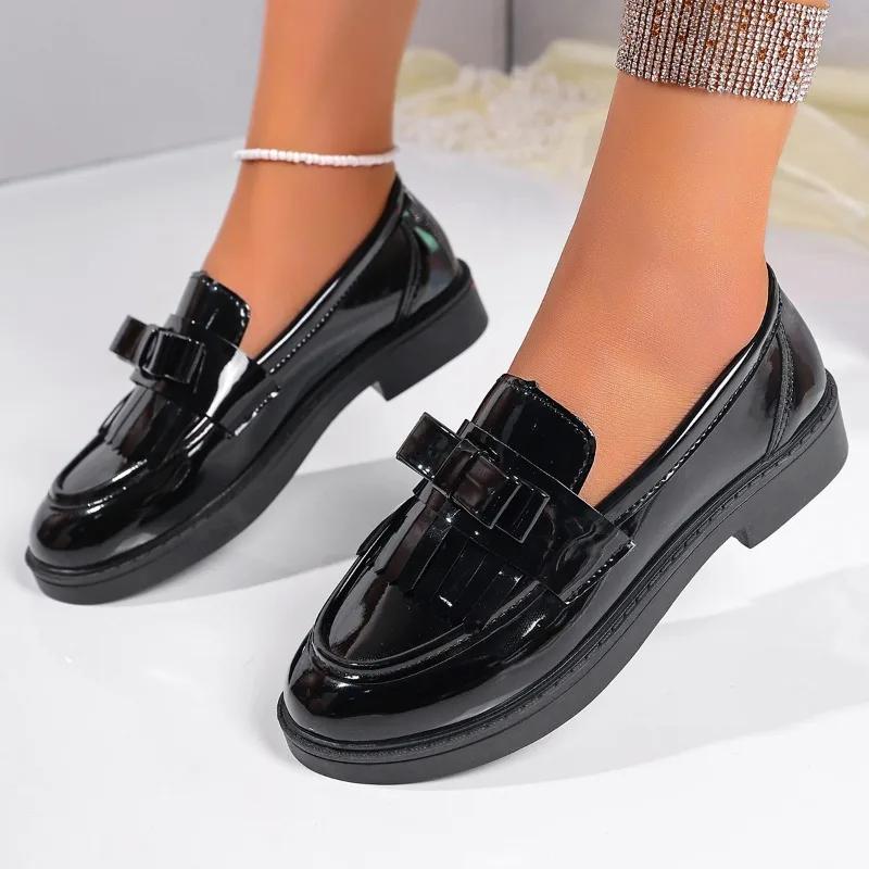 Fashion 2025 Classics Loafers Women's High Heels Round Toe Low Heel Outdoor Daily & Office Pumps Women Bow Tie Slip on Plus Size Shoes