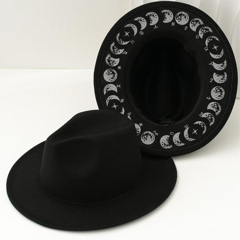 Unisex White Wide Brim Felt Fedora Hat With Moon Phase Zodiac Print Lining 56-58cm чёрный