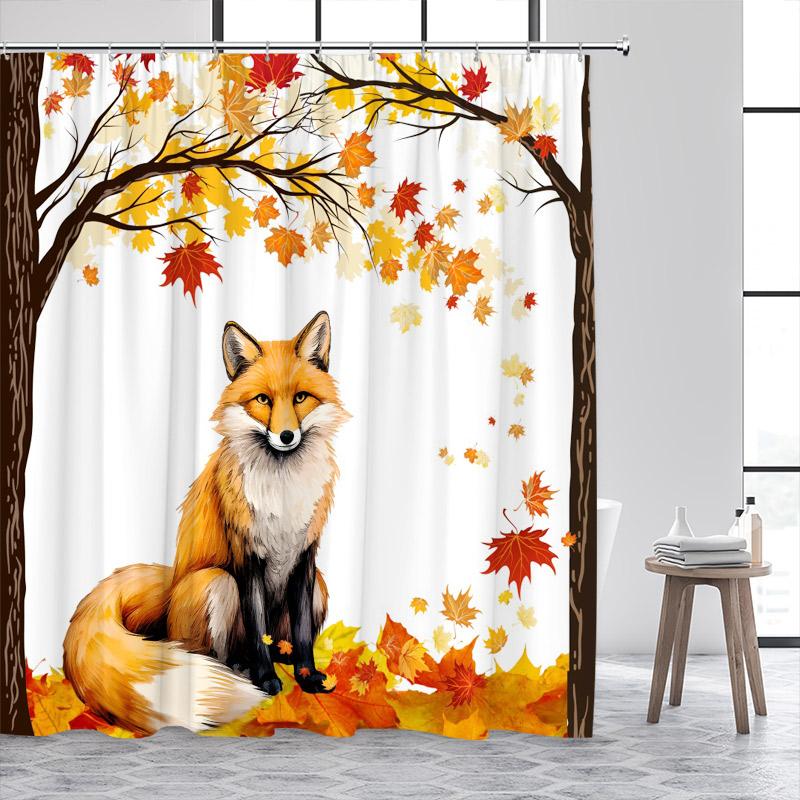 Funny Fox Shower Curtain Autumn Forest Maple Leaves Animal Fall Art Scenery Bath Curtains Fabric Home Bathroom Decor with Hooks