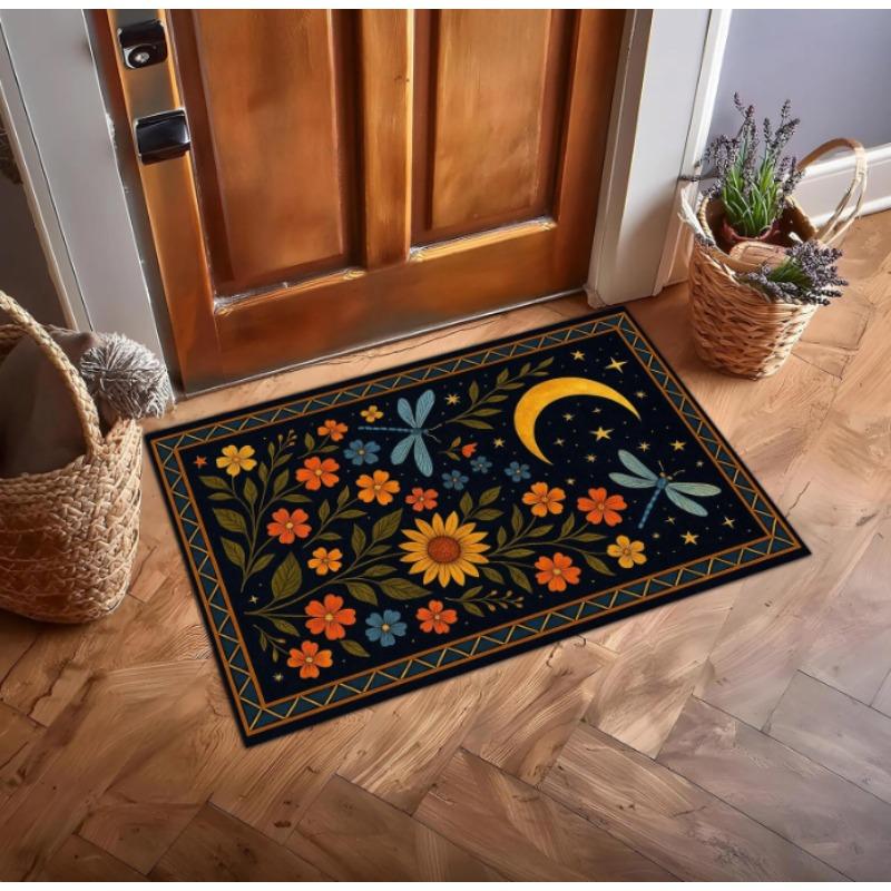 Moonlight Garden Rug with Celestial Motifs Featuring A Crescent Moon Dragonflies Nature-inspired Rug for Living Room and Bedroom