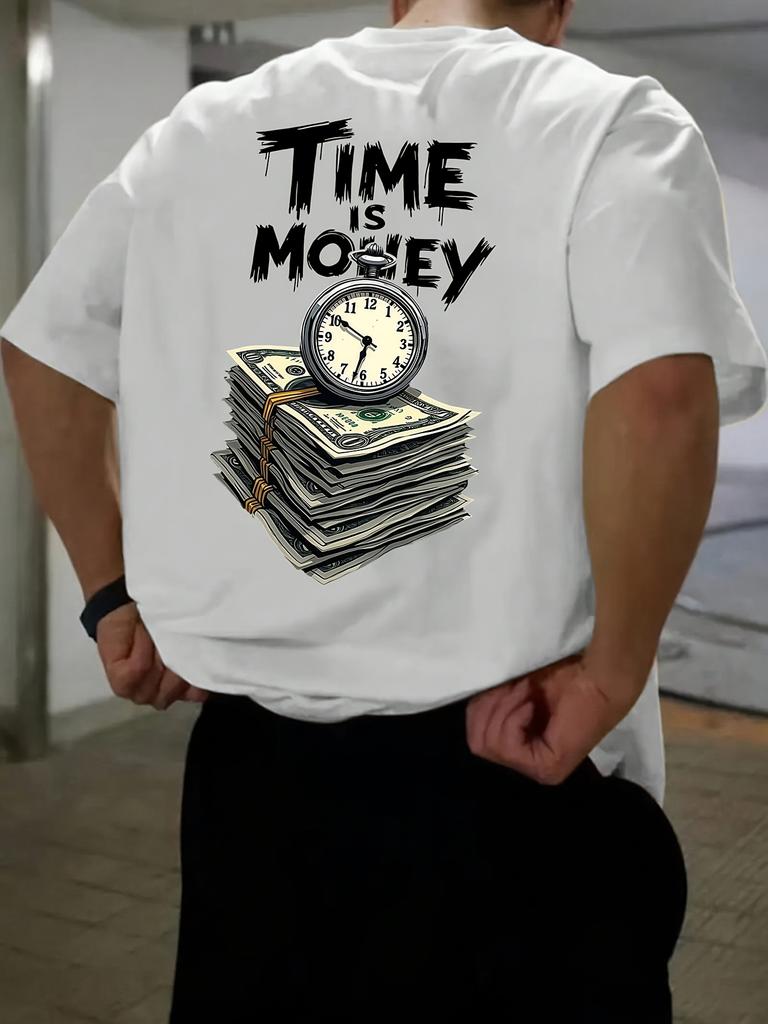 Mens short sleeved Tshirt with polyester fabric printed with clock pattern fashionable casual round neck top