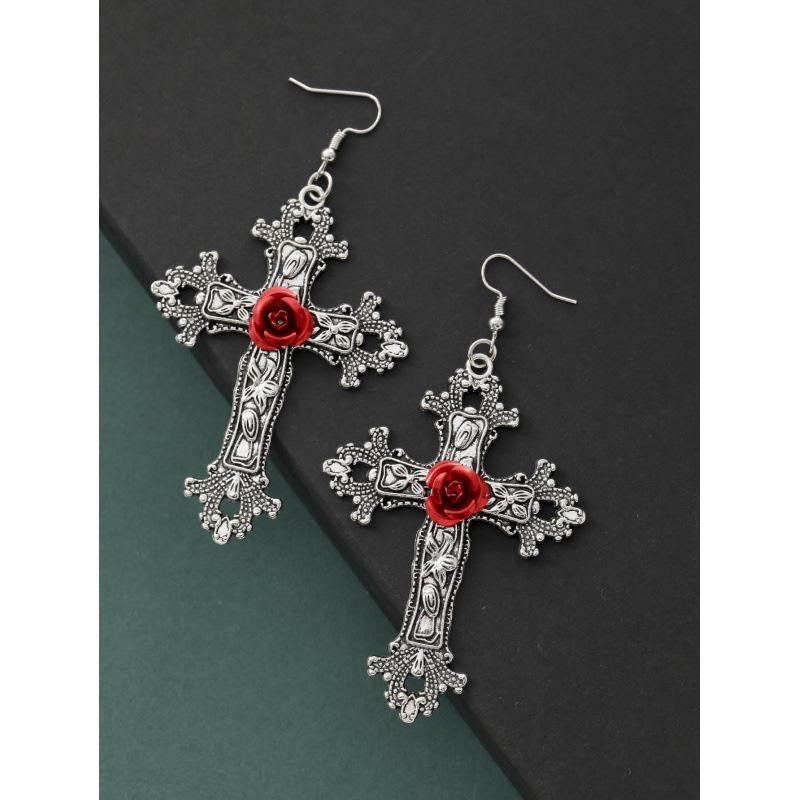 Gothic Dark Rose Cross Earrings Pendant with High-end Aesthetic