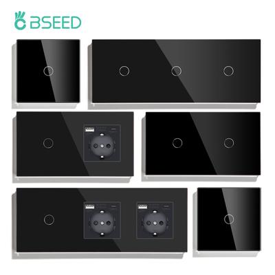 BSEED 1/2/3Gang Wall Touch Switch Double Light Switches 1Way Plus Type-c USB Sockets EU Standard Glass Panel Blue Backlight 10A