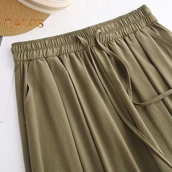 Women Cropped Pants Elastic High Waist Adjustable Drawstring Culottes Solid Color Wide Leg Casual Pants Daily Wear