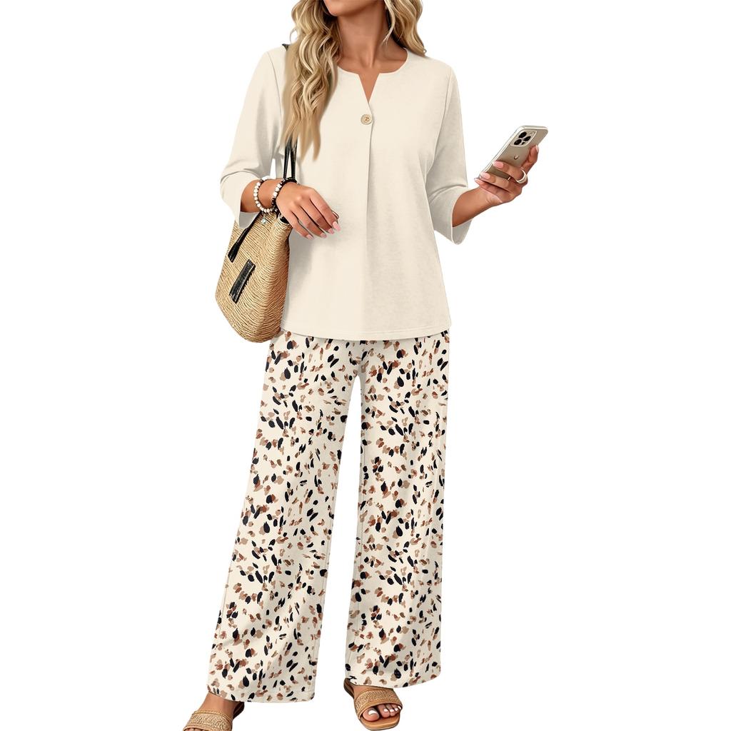 Women Casual Button Front Top with Three Quarter Sleeves and Printed Wide Leg Pants Two Piece Set Lightweight Comfortable Outfit