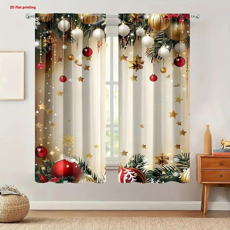 2 Pcs Christmas Decorations Print Curtains  Suitable for Bedroom  Living Room Kitchen Decoration  Home Decoration  Window Decoration