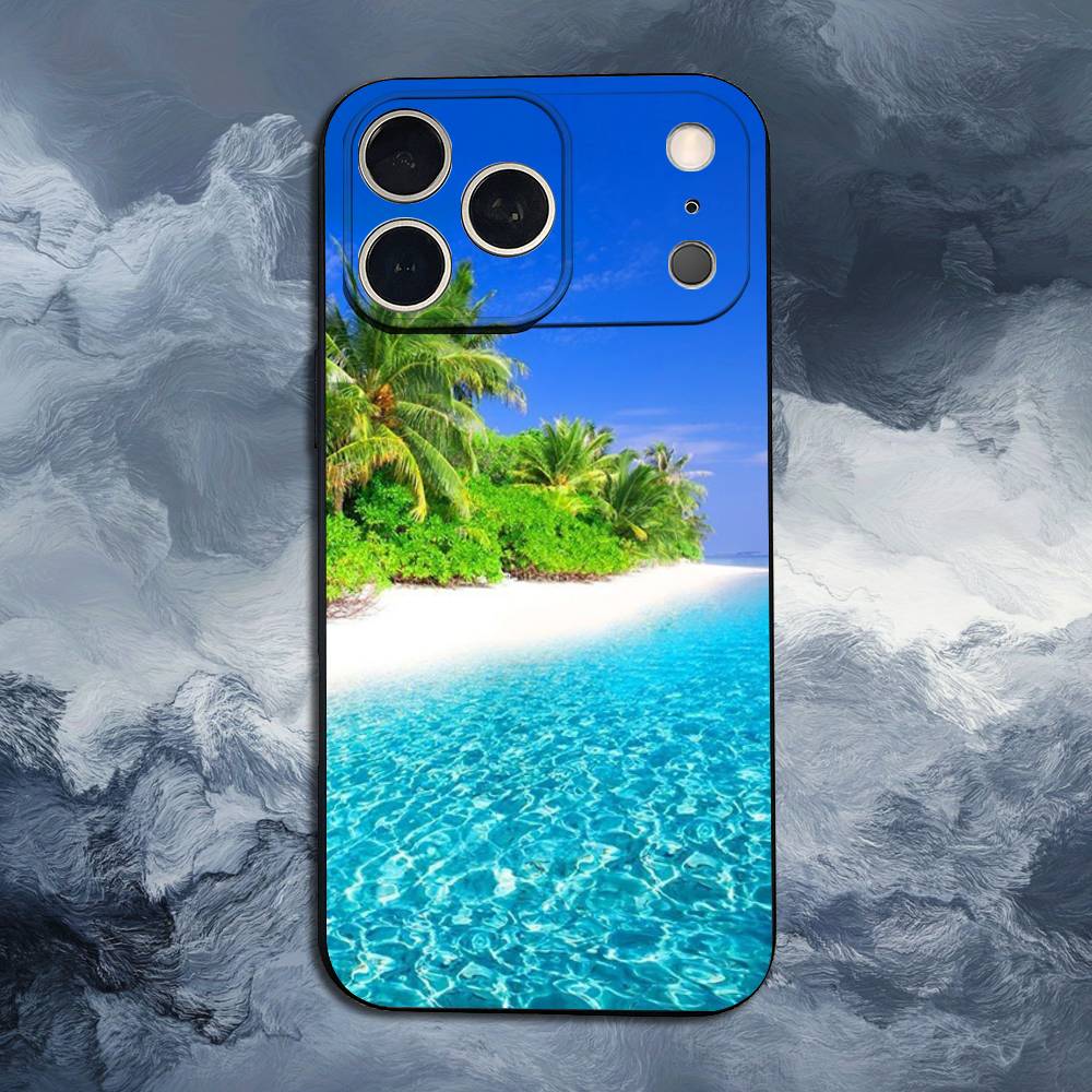 Sea Palm Trees Beach For iPhone 13,16,11,14,17,12,15,Plus,Pro Max,XS,X,XR,SE,Mini,8,7,Phone Case Soft Silicone Black