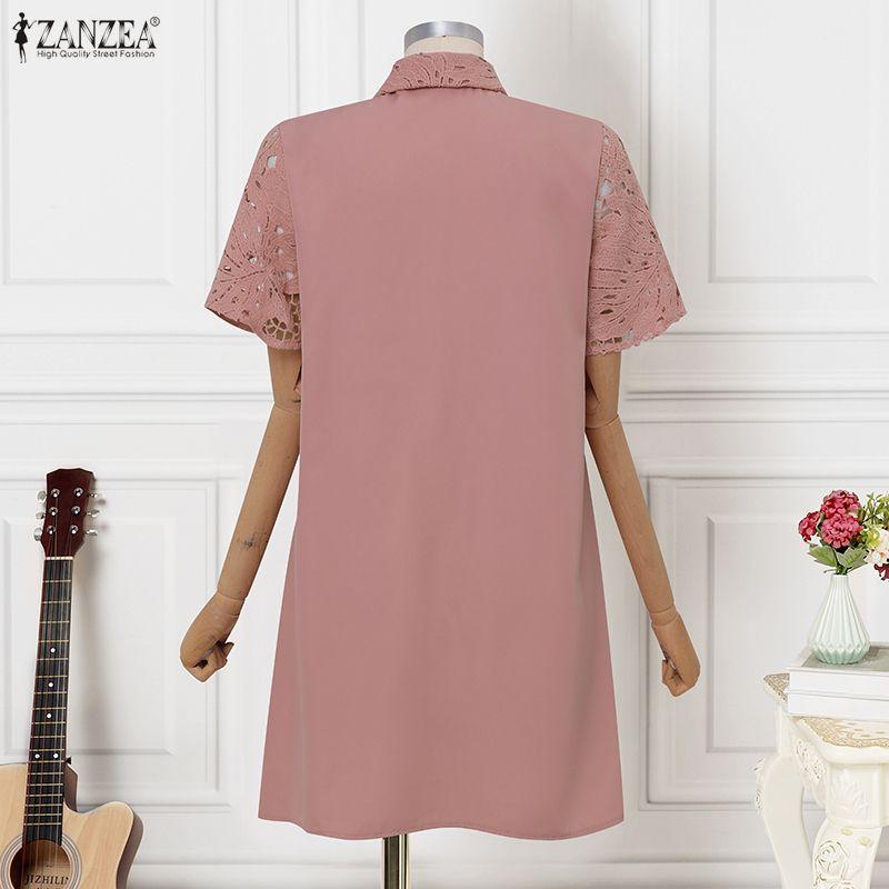 ZANZEA Women Casual Turn Down Collar Short Sleeve Lace Crochet Patchwork Elegant Dress
