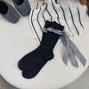 Double-needle Ballet-style Grey Lace Socks Women's Spring and Autumn Mid-length Heel Bow Pile Socks