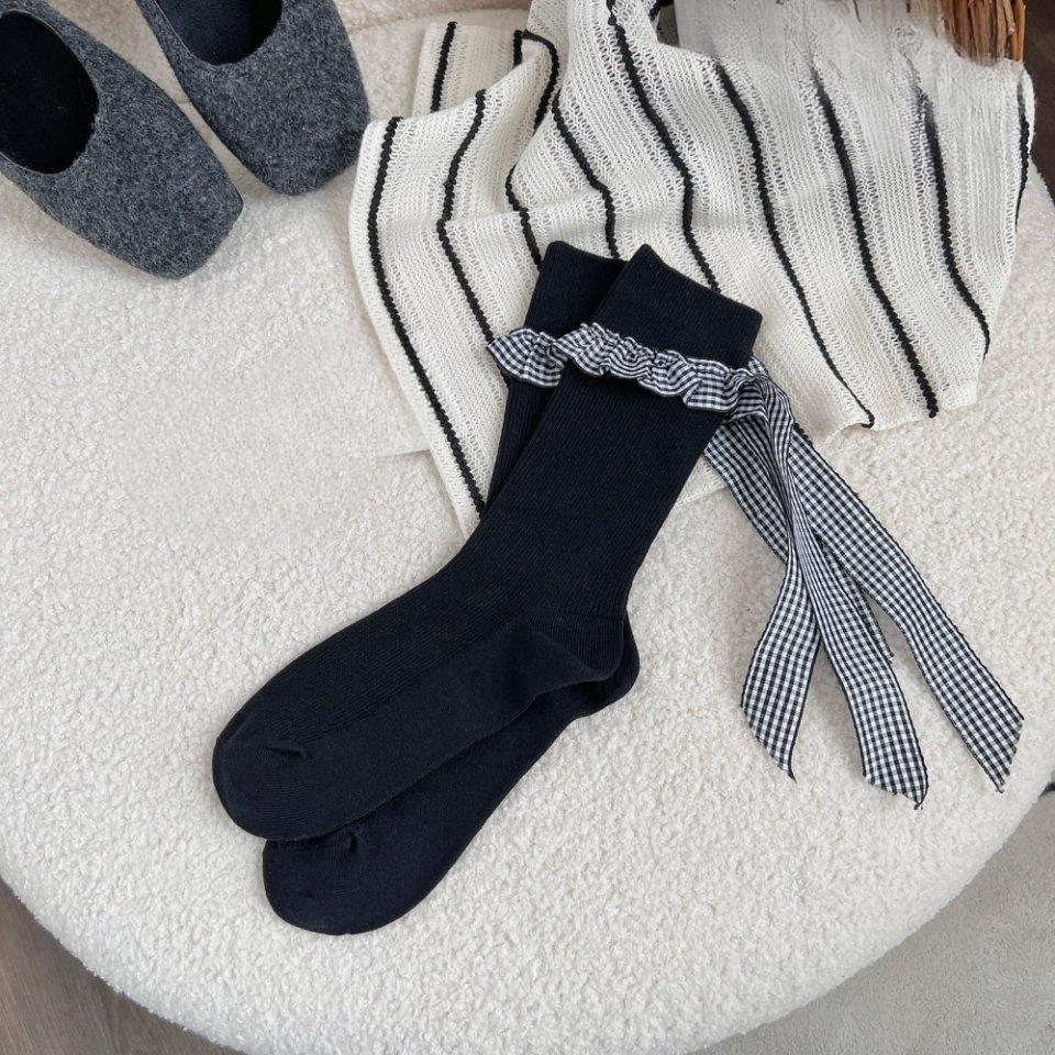 Double-needle Ballet-style Grey Lace Socks Women's Spring and Autumn Mid-length Heel Bow Pile Socks