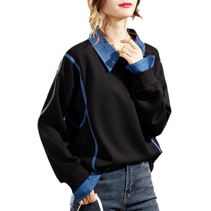 Hanorac fără glugă pentru femei: Modă Toamnă/Iarnă 2023, Croială Largă, Mânecă Lungă la Modă, Aspect Două Piese False, Mărime Mare.