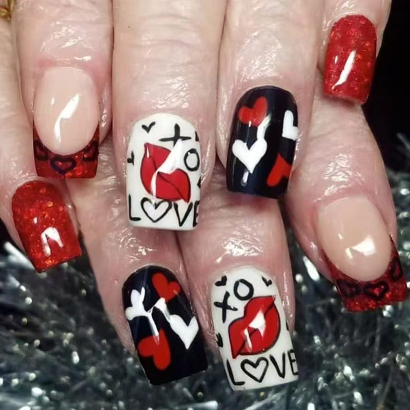 Valentine Press on Nail Square Fake Nail Glossy Design False Nail Full Cover Artificial Acrylic Nail 24pcs 12Sizes
