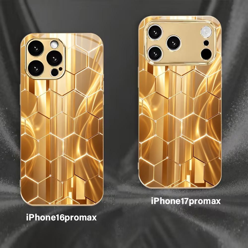 Golden honeycomb shape phone case for funda iphone for iphone 17 pro max cover glass for iPhone 17 16 15 14 13 12pm Pro Plus