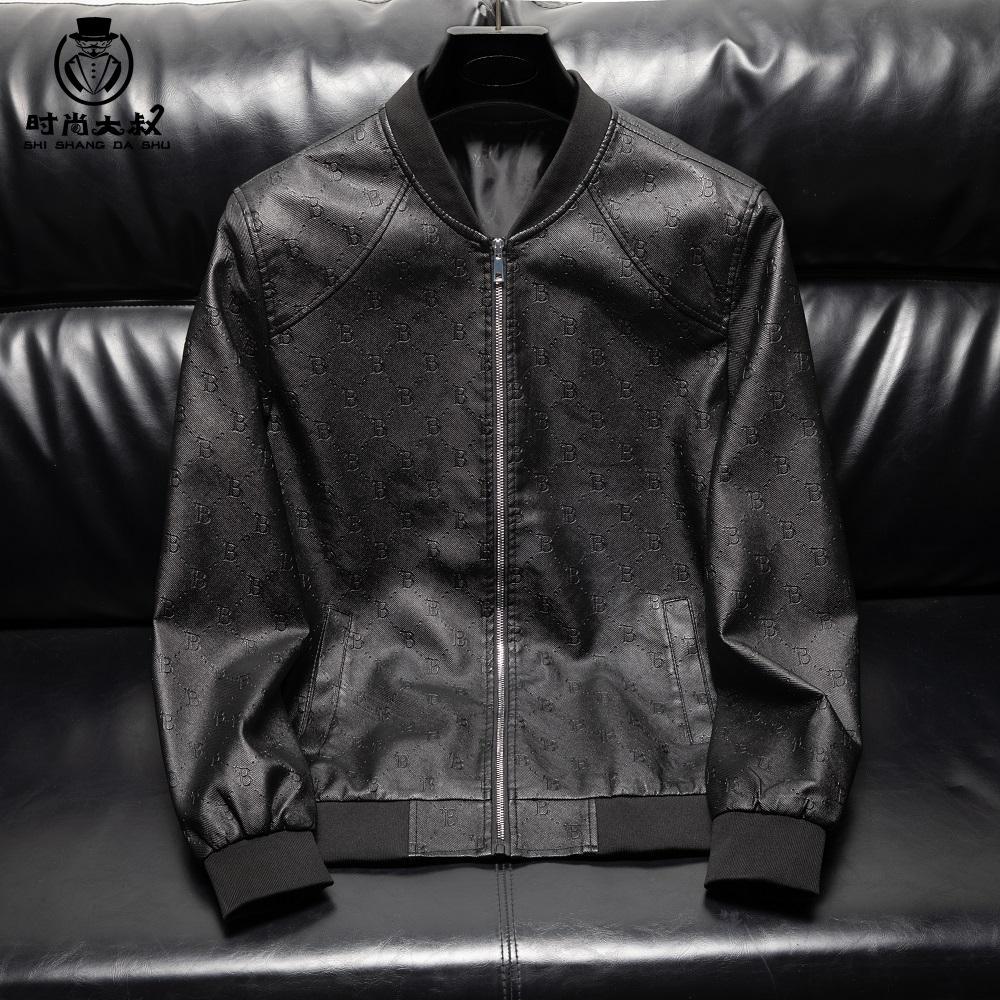 Spring and Summer New Men's Fashion B Letter Printed Leather Jacket Casual Versatile Baseball Collar Leather Jacket